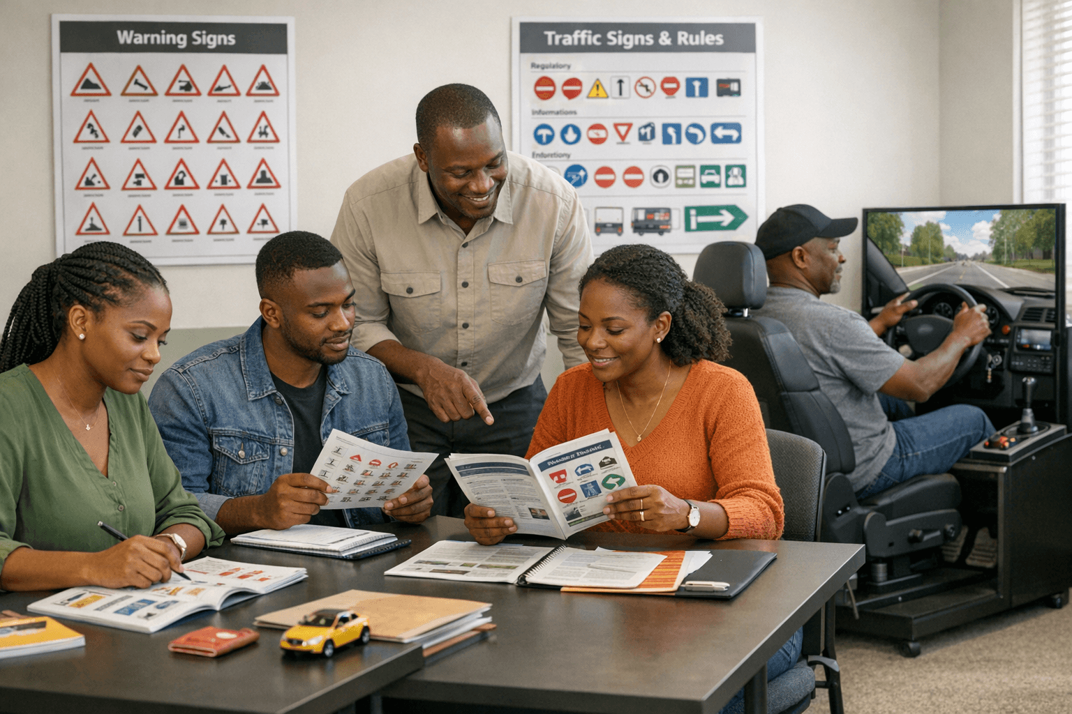 Adult learners in a driving school classroom reviewing road signs with an instructor.