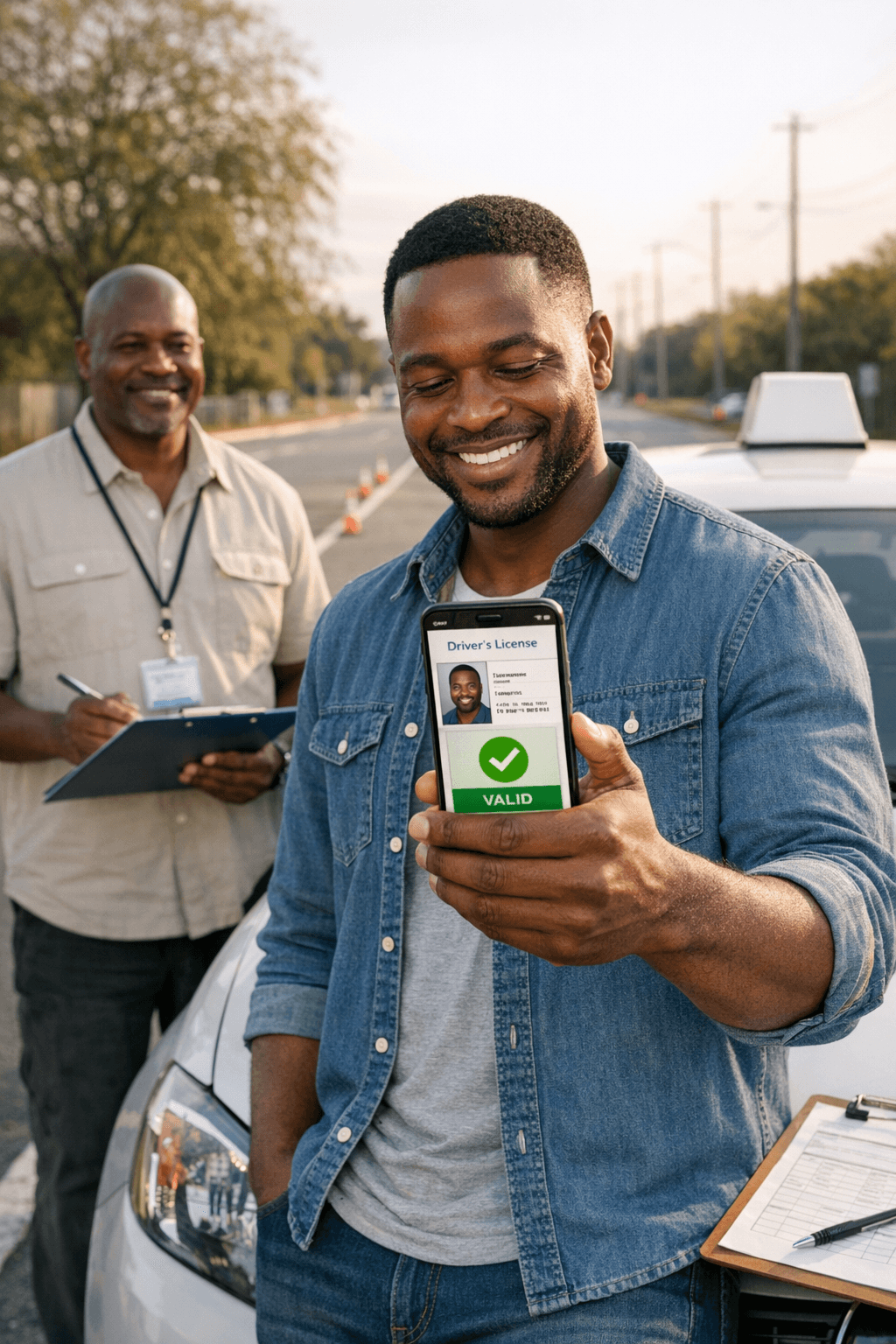 A newly licensed driver holding a phone with a digital driver's license beside an examiner.