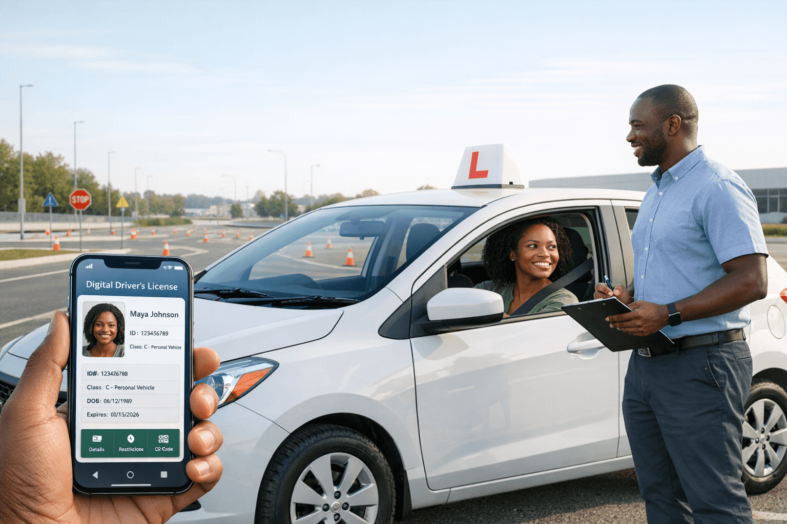 Learner driver and instructor beside a training car with a digital license shown on a smartphone.